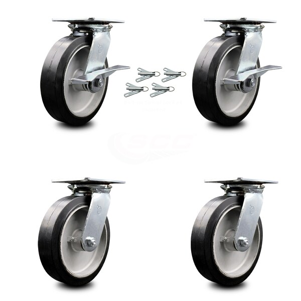 Service Caster 8 Inch Rubber on Aluminum Caster Set with Roller Bearing 4 Swivel Lock 2 Brake SCC-35S820-RAR-SLB-BSL-2-BSL-2 - main